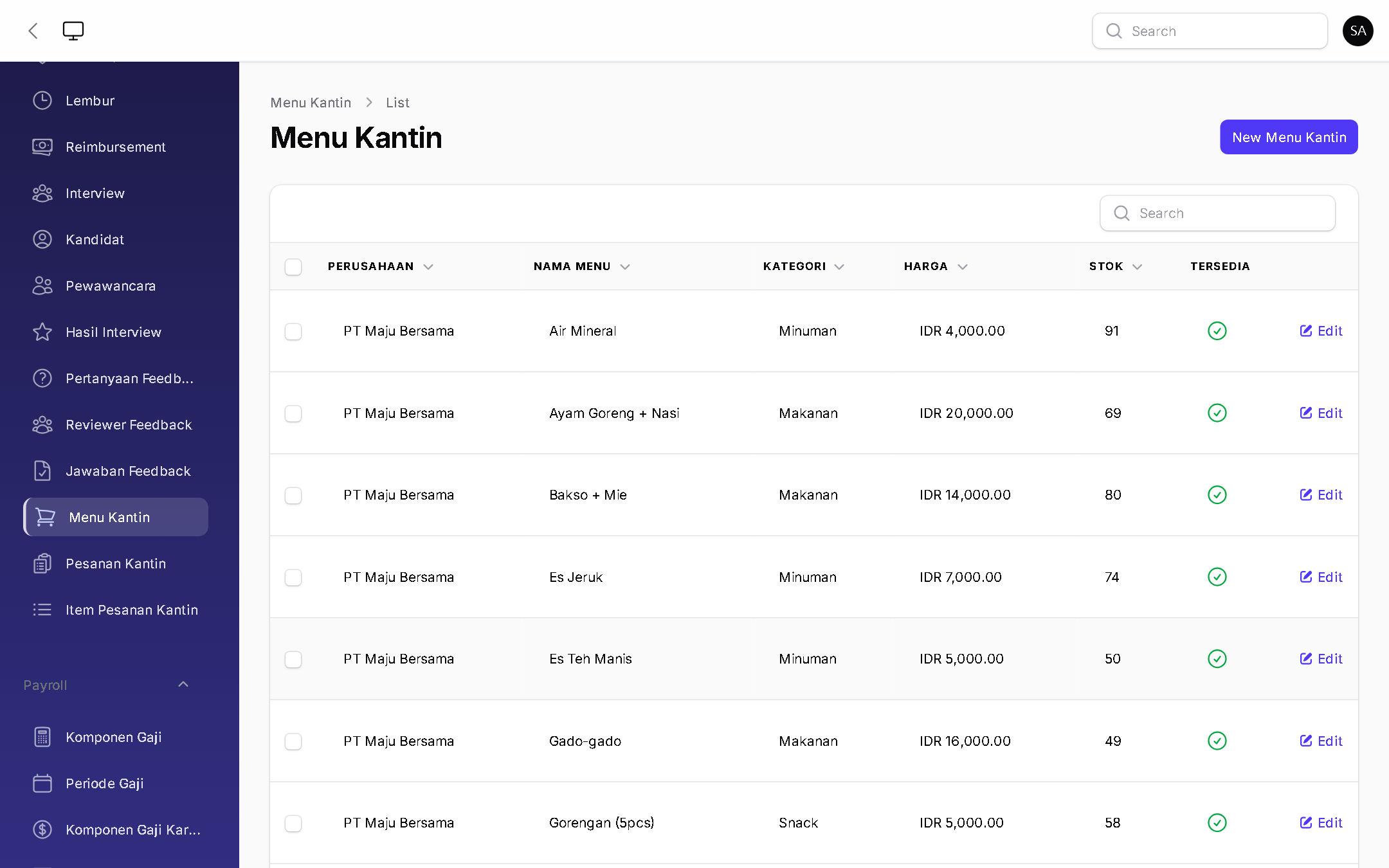 Menu Kantin - BizOS